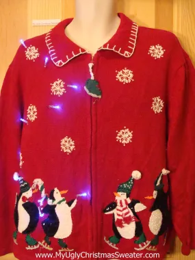 Light Up Ugly Xmas Sweater with Skating Penguins