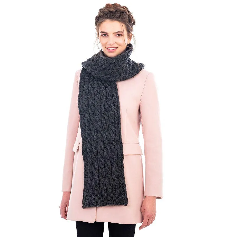 Merino Wool Cable Knit Scarf 69 x 8 Inches Made in Ireland 3 Colors