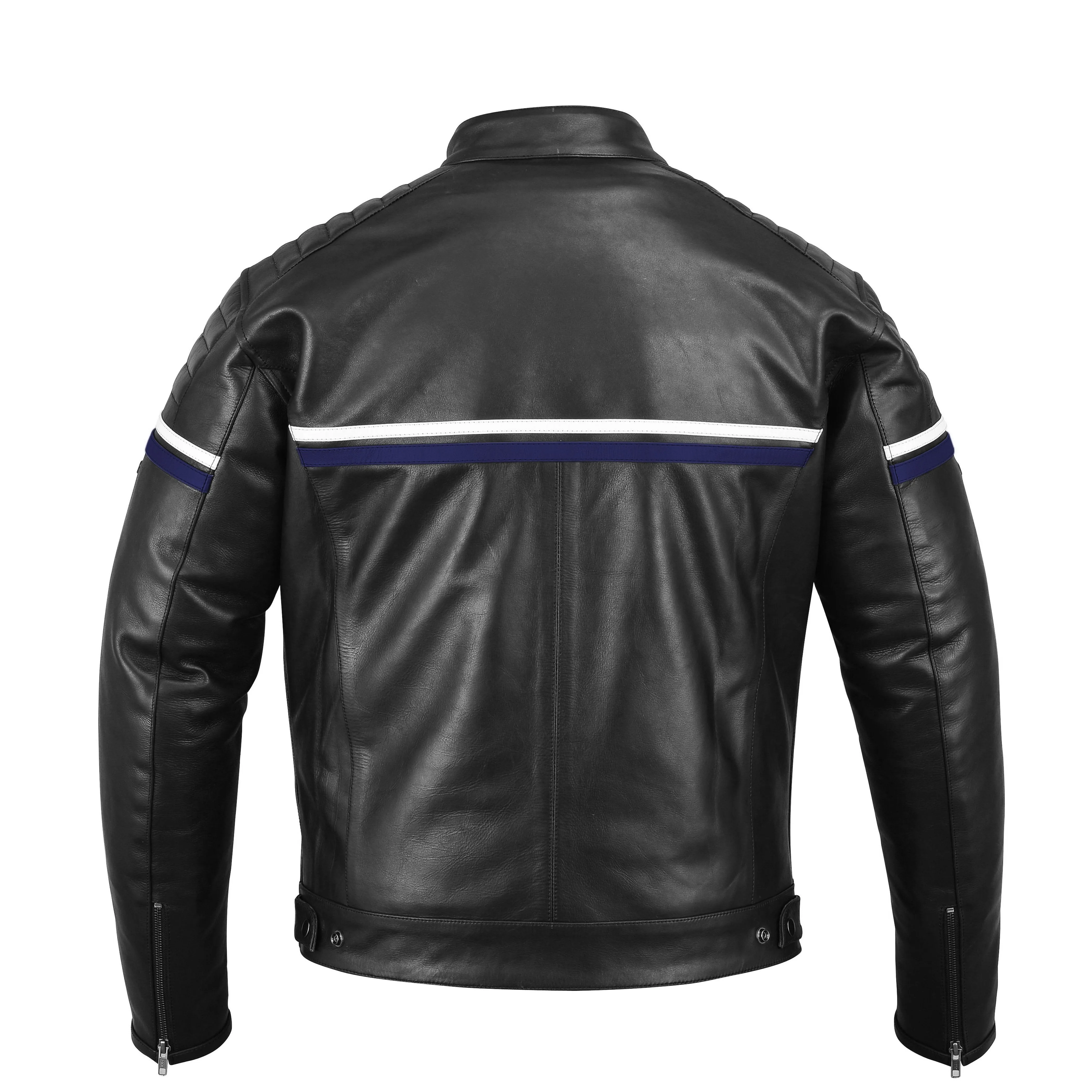 Metropolis Biker Leather Jacket with a blue stripe