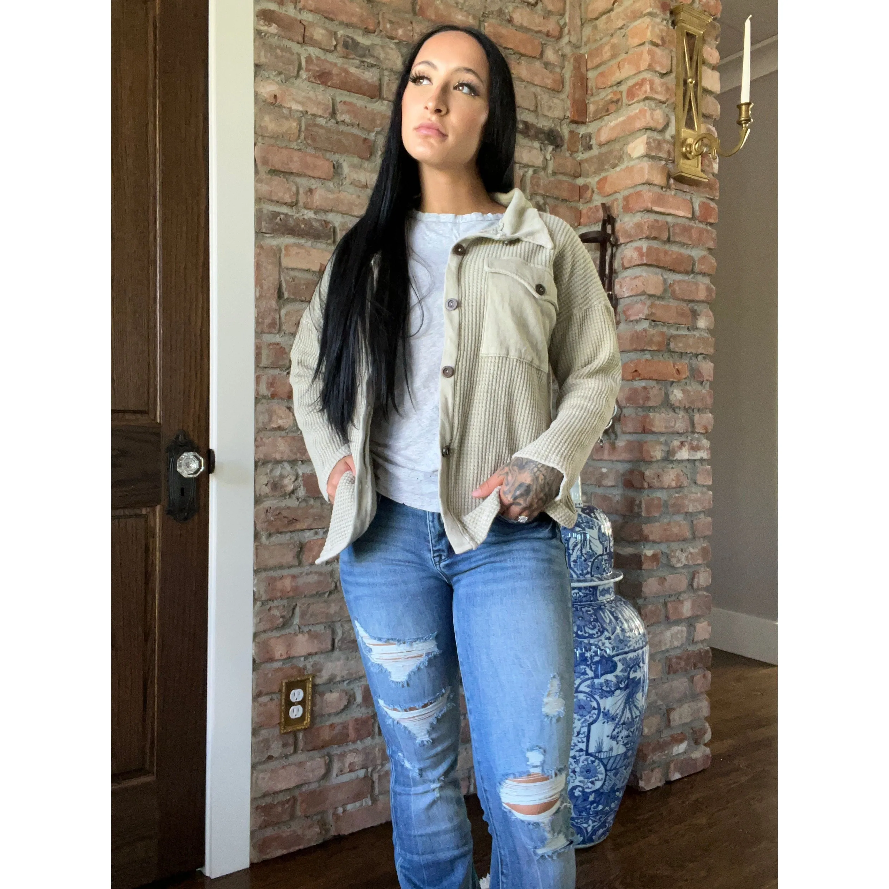 Mineral Wash Thermal Button Down Shacket