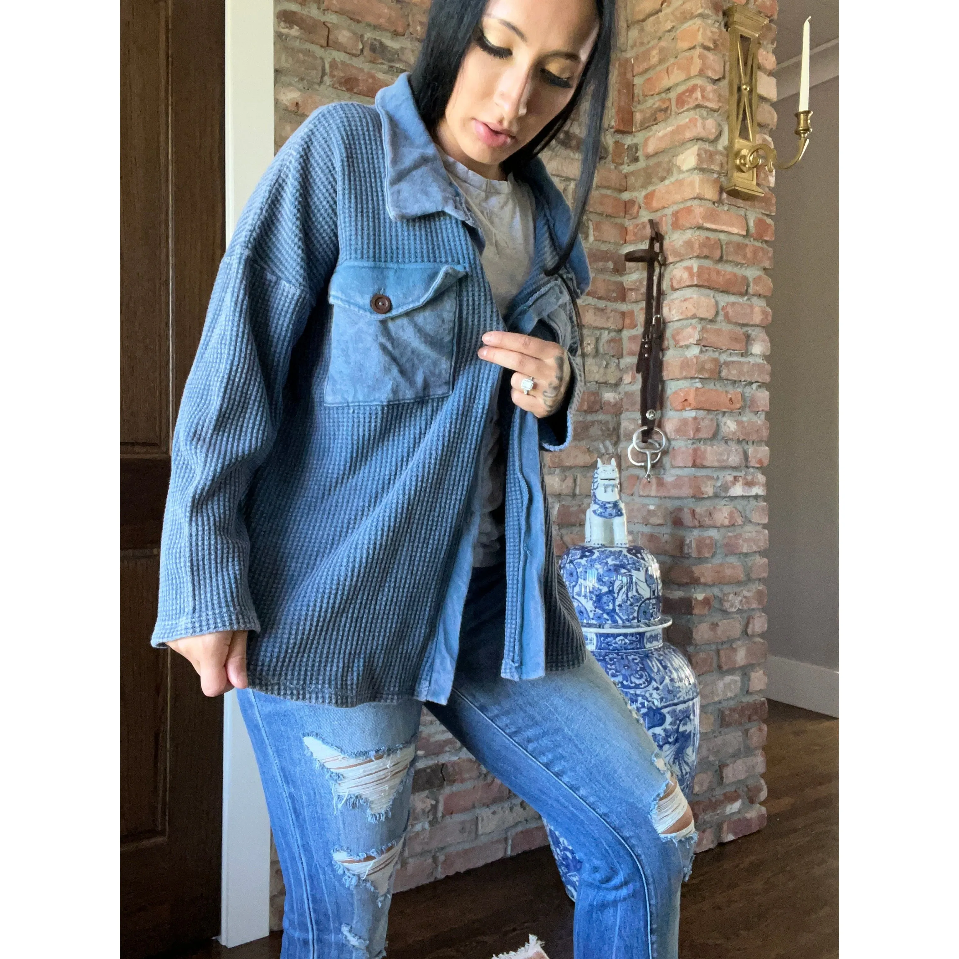 Mineral Wash Thermal Button Down Shacket