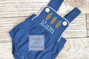 Monogrammed boys easter romper in navy blue, Boys easter outfit with carrots, baby boy bubble romper, baby boy easter carrot romper