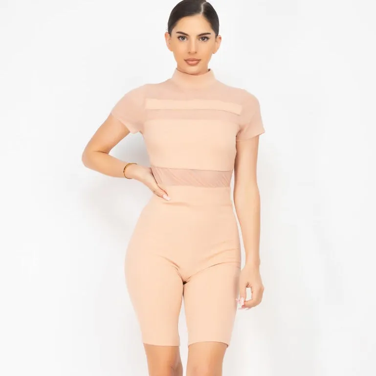 Pink Stripe Mesh Mock Neck Biker Romper