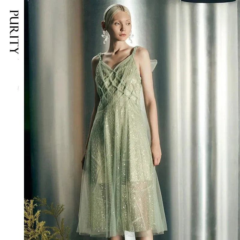 PURITY Feminine Fairy mint green bead-embroidered tulle slip dress-Mindy
