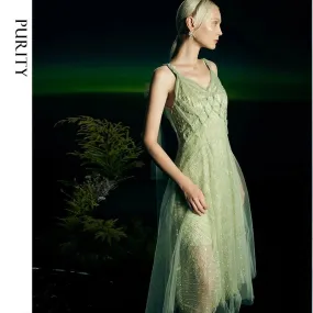PURITY Feminine Fairy mint green bead-embroidered tulle slip dress-Mindy
