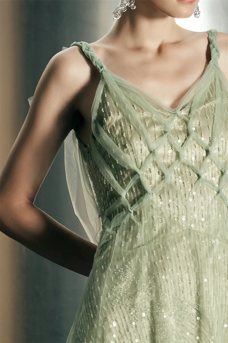 PURITY Feminine Fairy mint green bead-embroidered tulle slip dress-Mindy