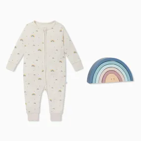 Rainbow Zip-Up Romper & Wooden Rainbow Stacker Set