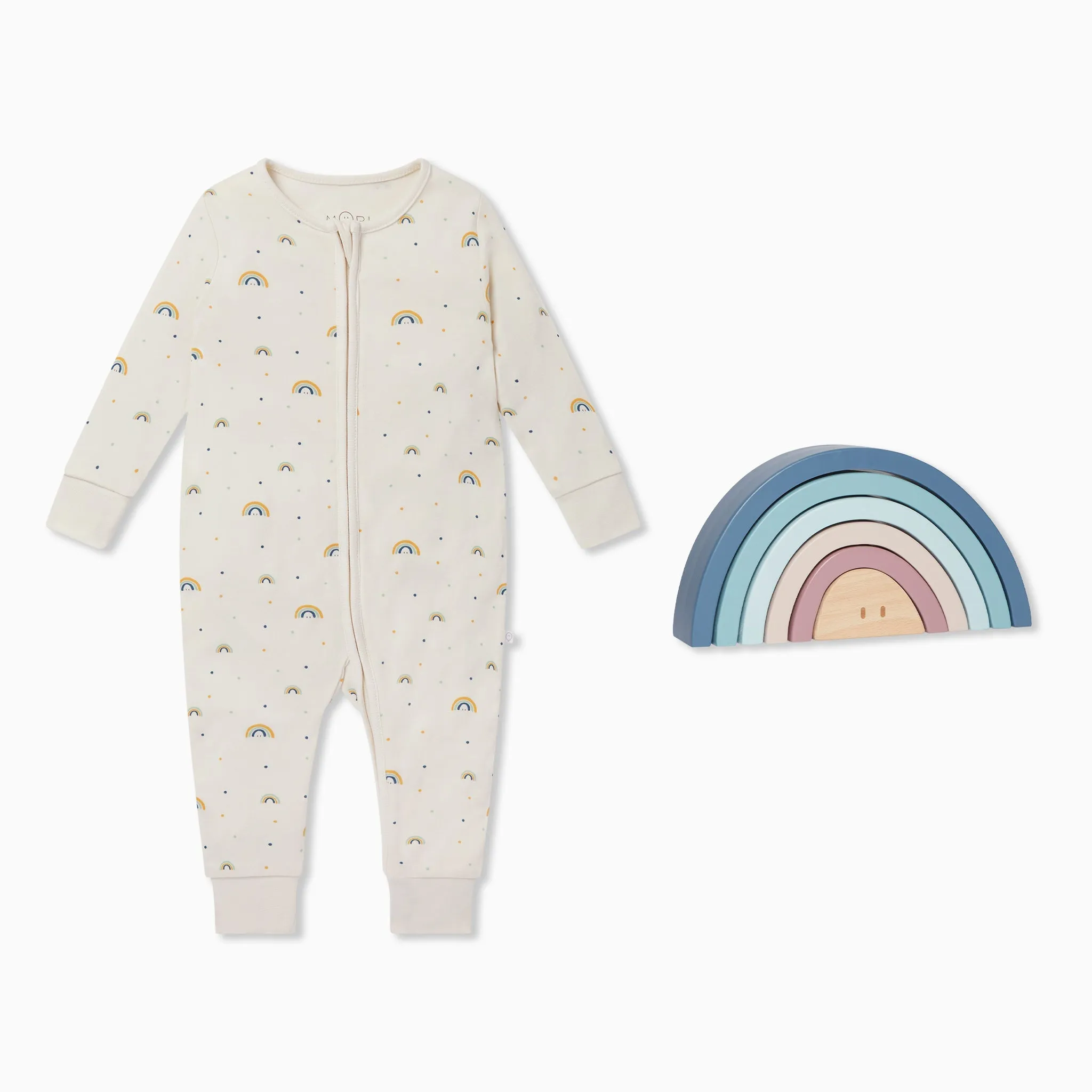 Rainbow Zip-Up Romper & Wooden Rainbow Stacker Set