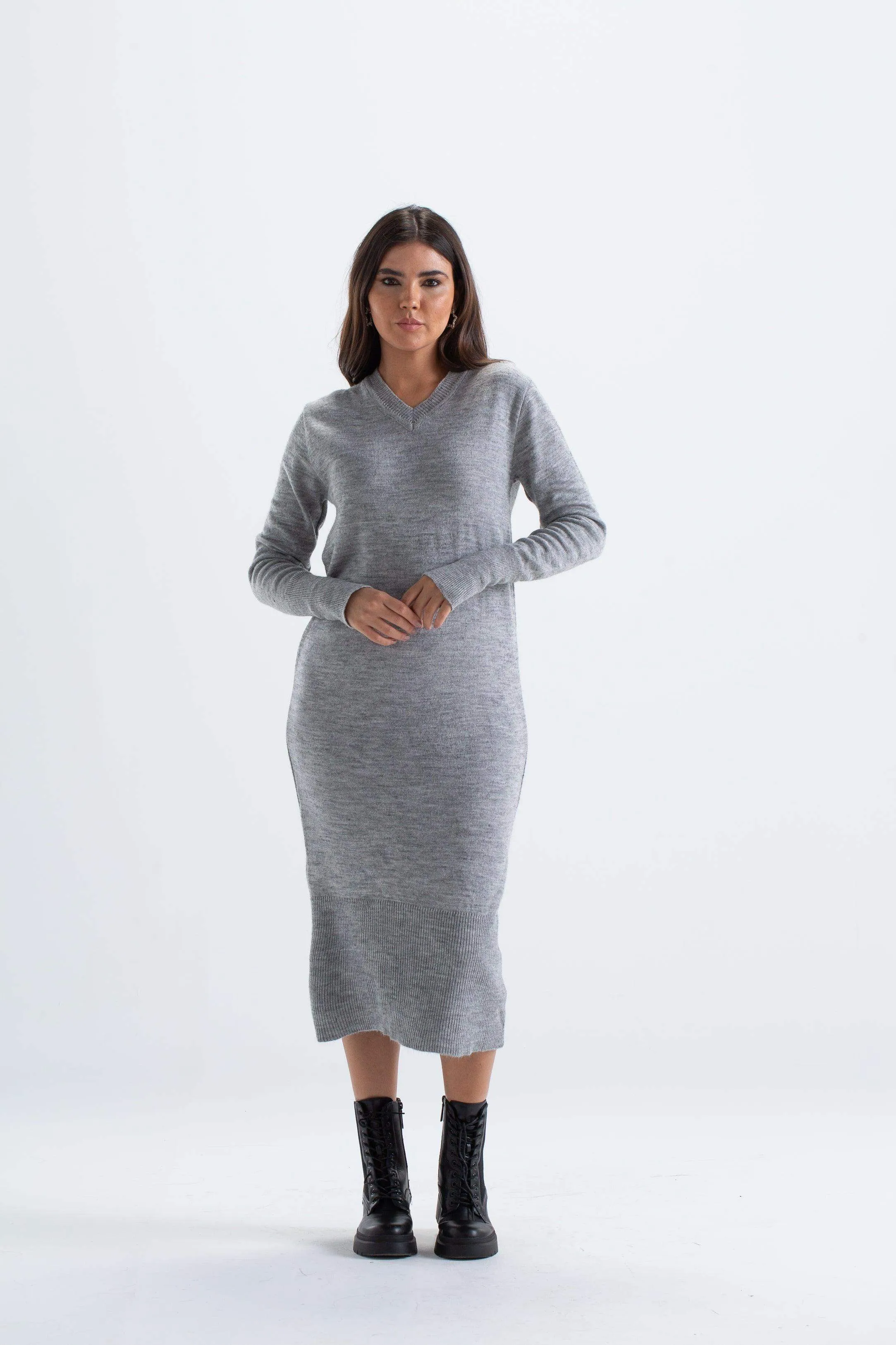 Ribbed V-Neck Midi Dress