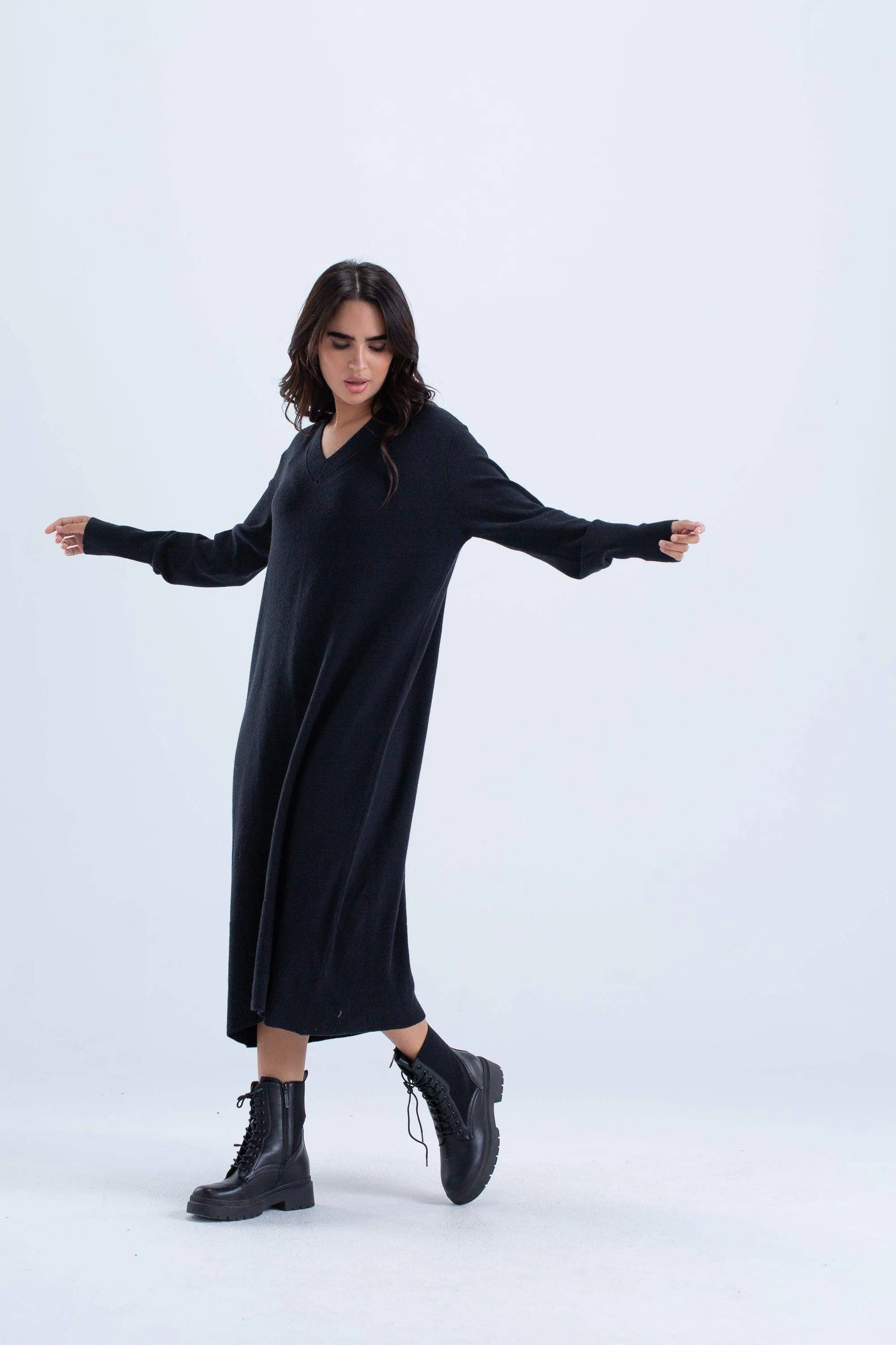 Ribbed V-Neck Midi Dress