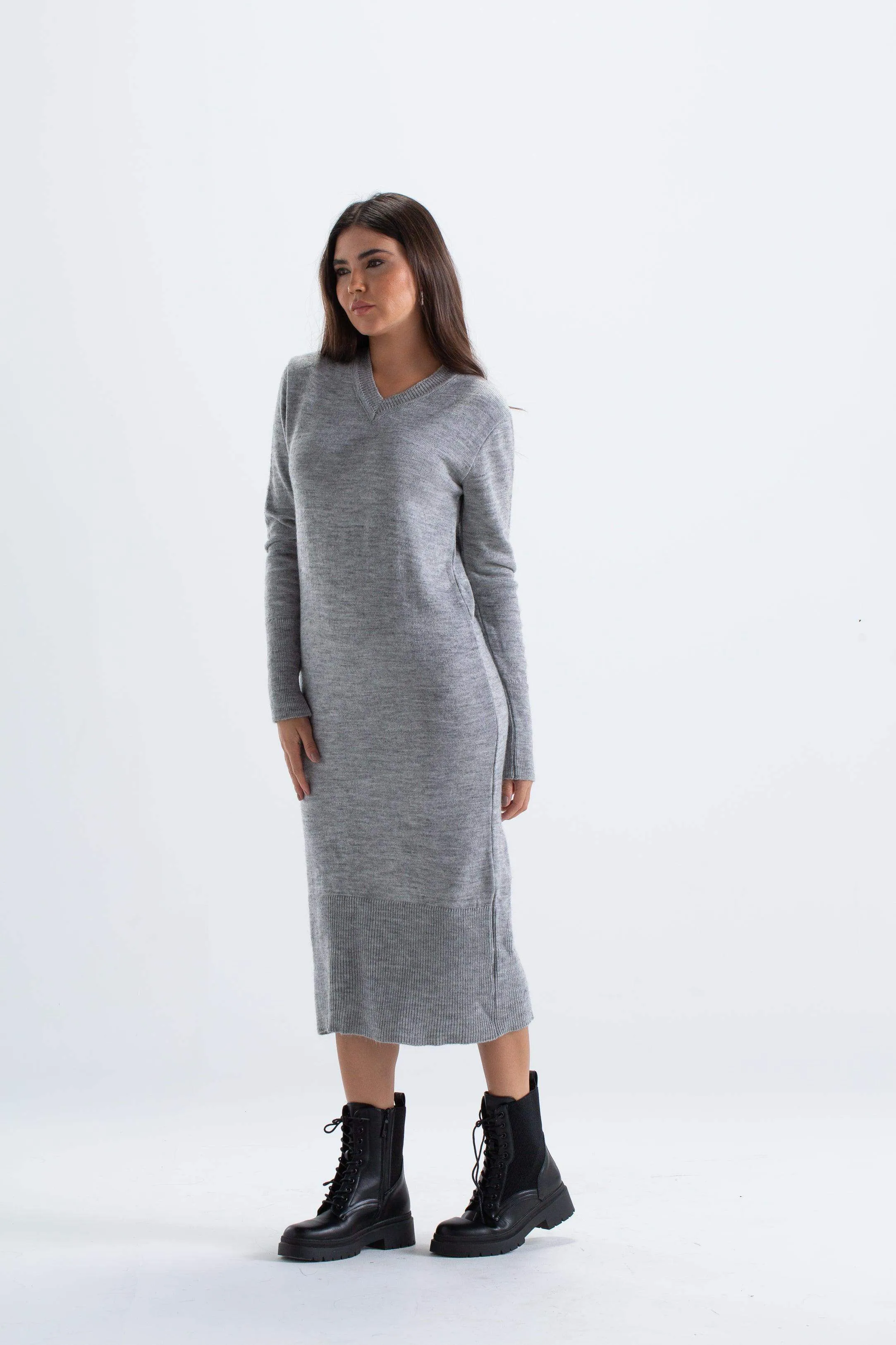 Ribbed V-Neck Midi Dress