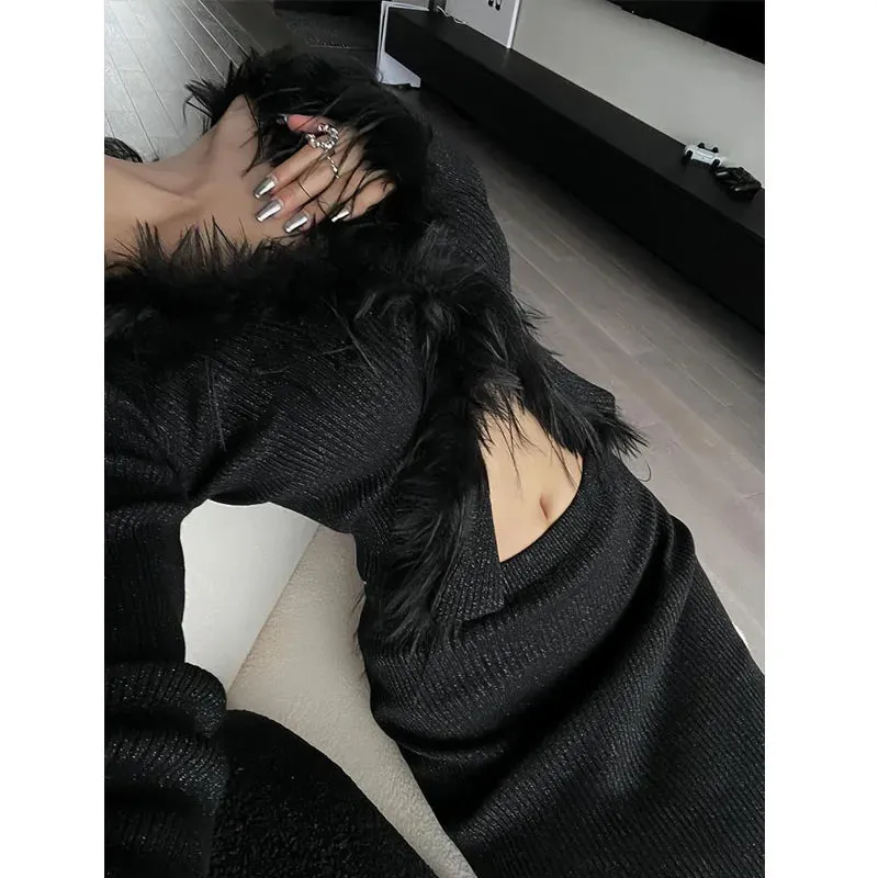 Sexy Gothic Knitted Cardigan with Fur Women Black Cropped Sweaters Y2k Elegant Korean Streetwear Grunge V-neck Tops