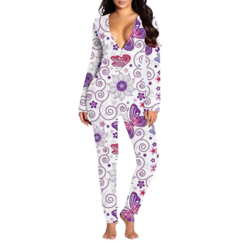 Sexy Print Women's Onesies Sleep Jumpsuit Long Sleeve  Deep V Neck Bodycon Pajamas Jumpsuit Rompers Sleepwear