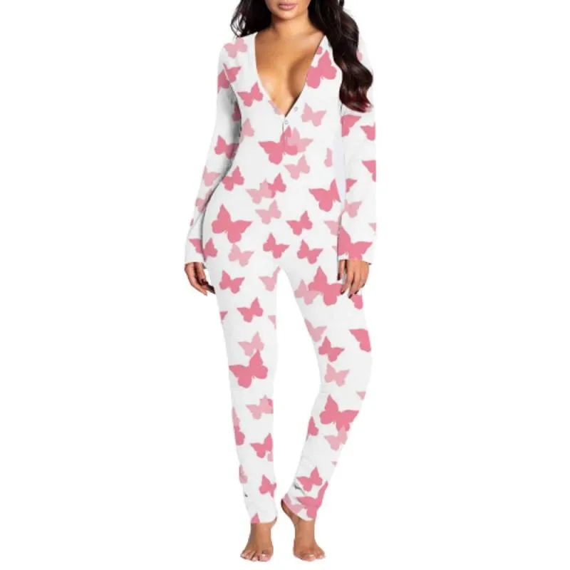 Sexy Print Women's Onesies Sleep Jumpsuit Long Sleeve  Deep V Neck Bodycon Pajamas Jumpsuit Rompers Sleepwear