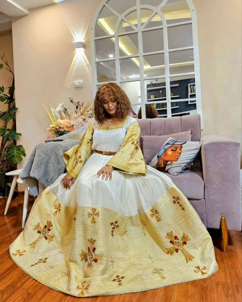 Shining Golden Cross Hem Habesha Dress: with Bright Red Detailing Traditional Ethiopian Dress
