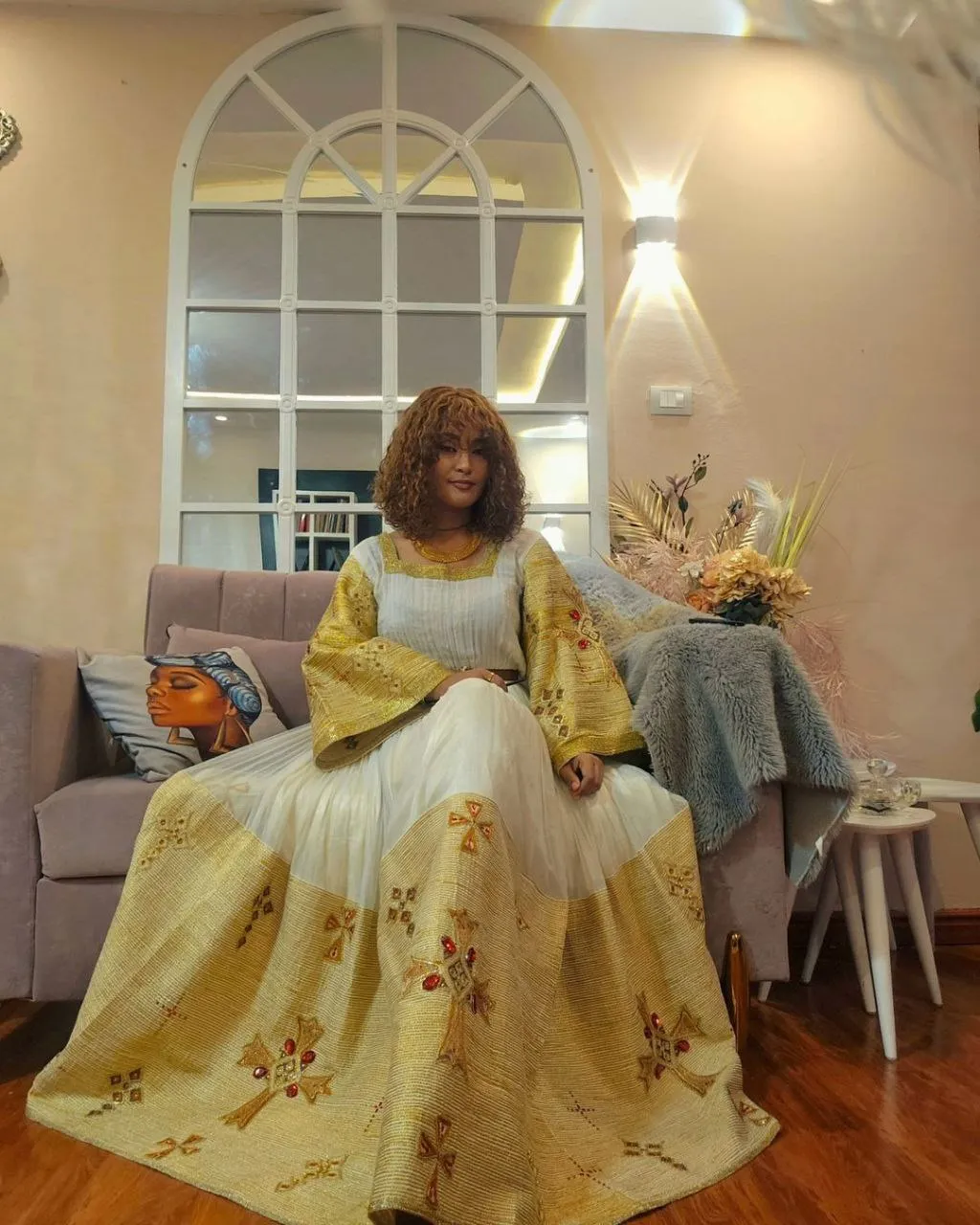 Shining Golden Cross Hem Habesha Dress: with Bright Red Detailing Traditional Ethiopian Dress