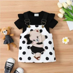 Short-Sleeve Romper with Ruffle Trim and Bear Graphic Overall Dress Set - Baby Girl (2Pcs)
