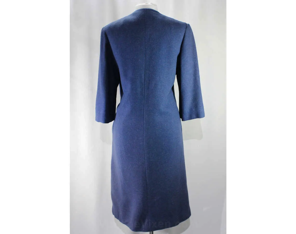 Size 14 Blue Coat with Rhinestone Buttons - Large 1950s Wool Tweed Ladies Overcoat - Flecked Texture - Elegant Mid Century - Bust 42