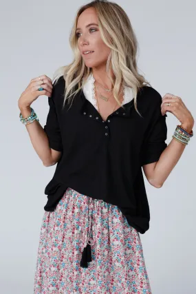 The Nest Leila Ribbed Henley Top - Black