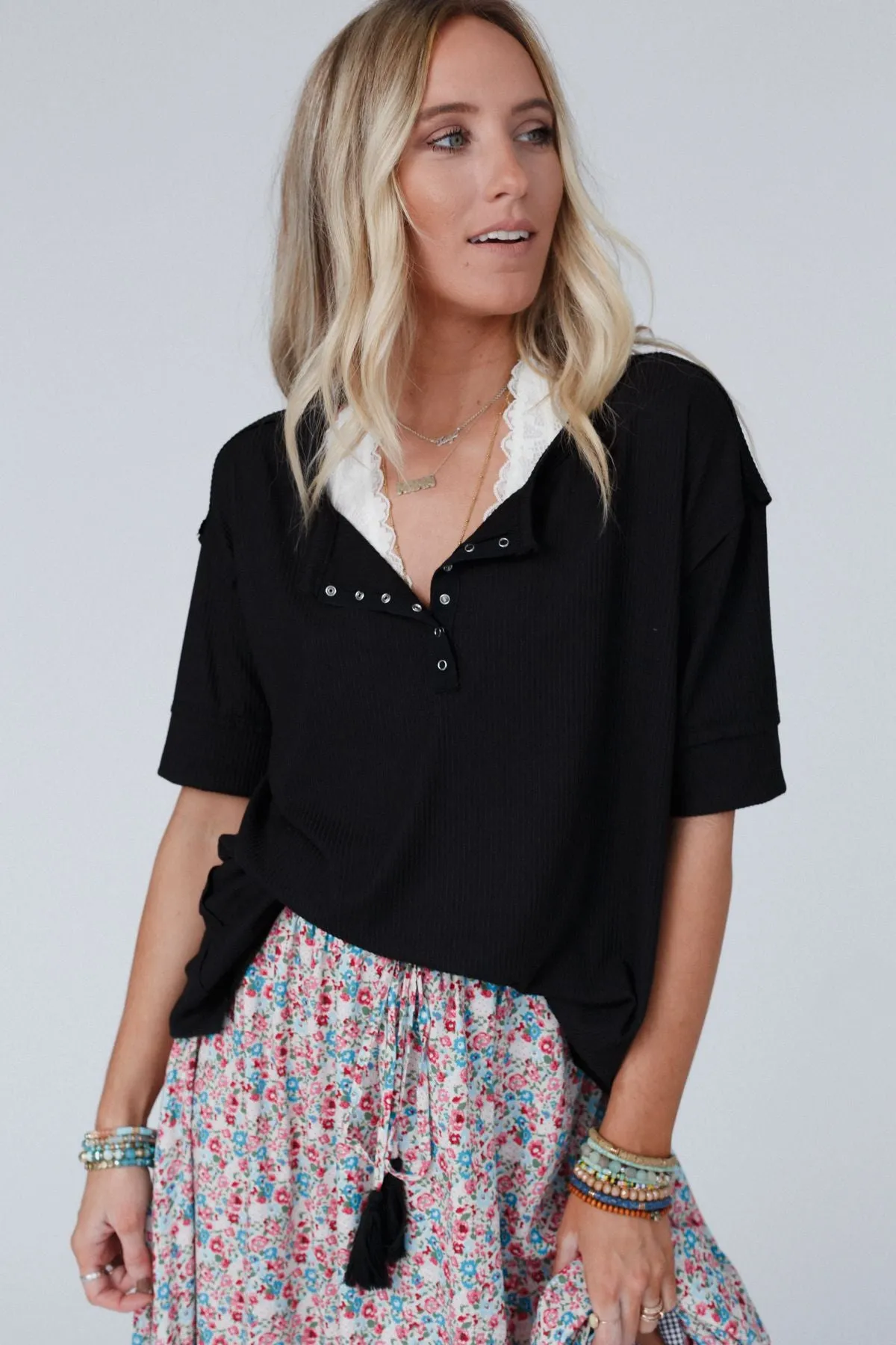 The Nest Leila Ribbed Henley Top - Black