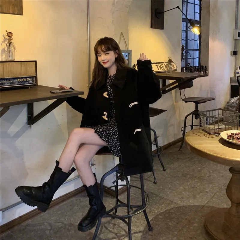 Thigh-Length Loose Fit Horn Toggle Wool Duffle Coat