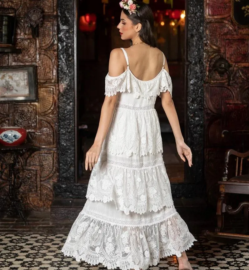 Tulle & Batiste White Lace Tiered Maxi Dress