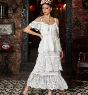 Tulle & Batiste White Lace Tiered Maxi Dress