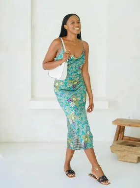 Turquoise Cowl Neck Dress With Side Split