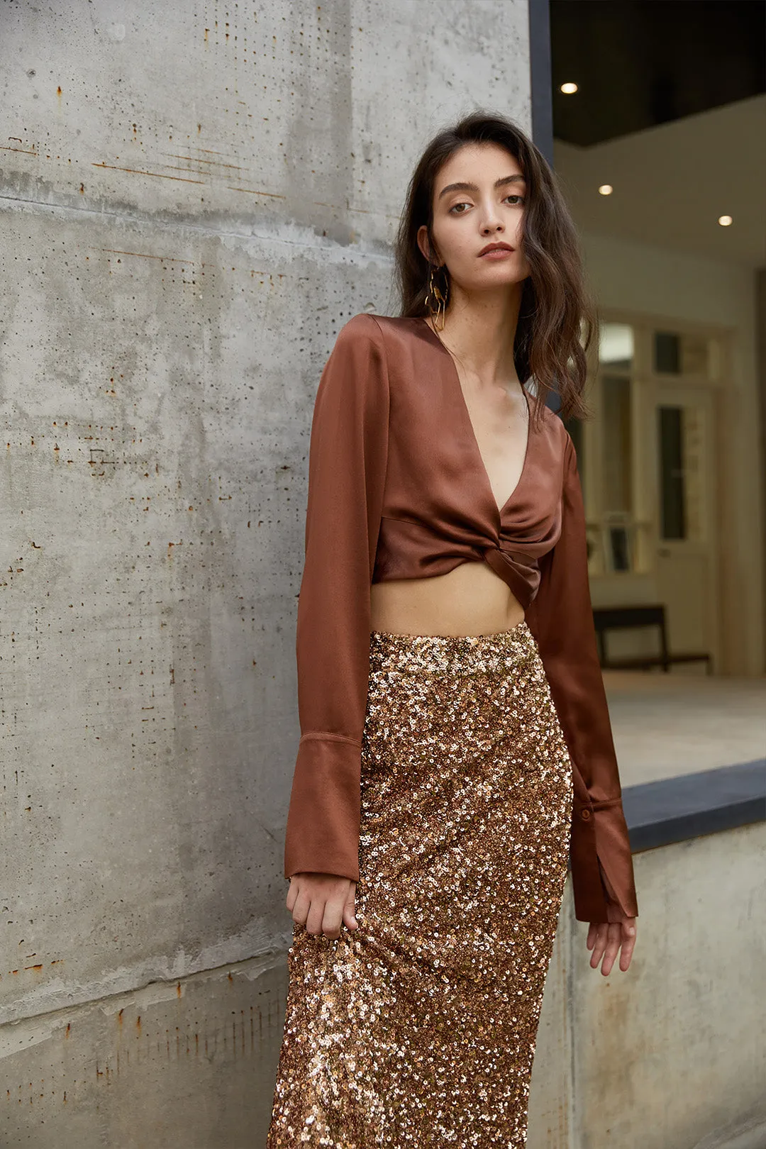 V-neck high waist shirt |Brown shirt | Commuter shirt