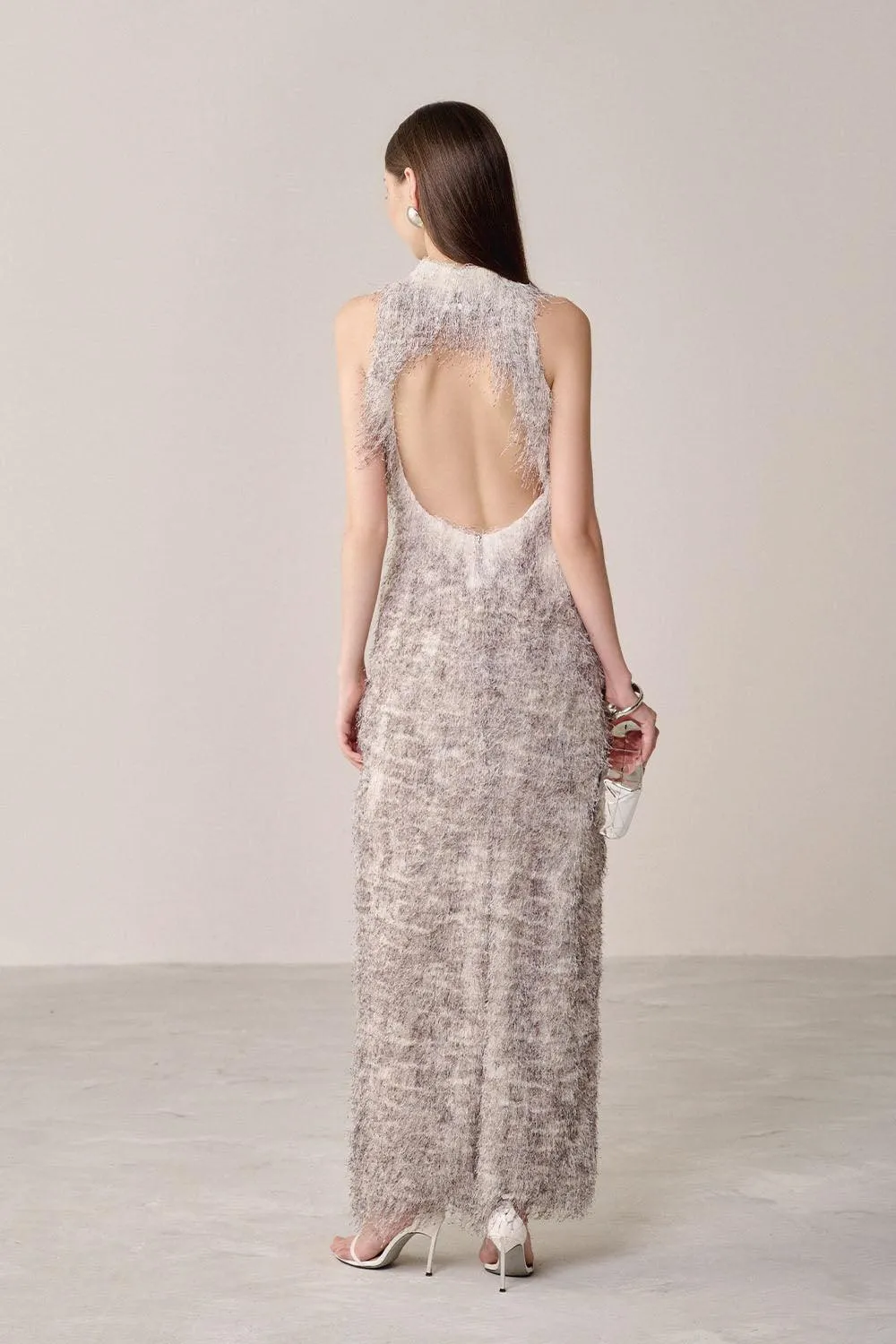 Vedel Halter Backless Faux Fur Ankle Length Dress