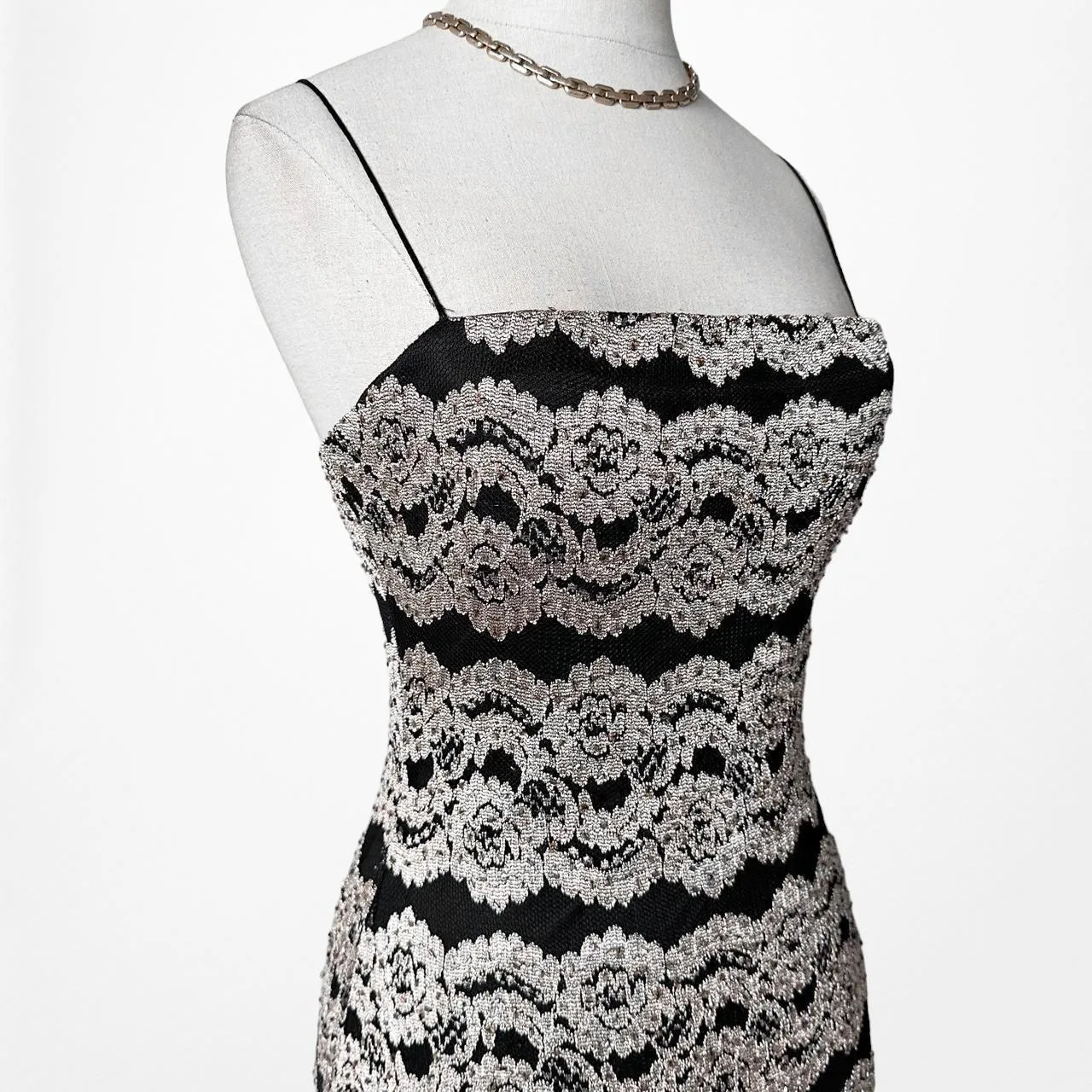 Vintage Black Gold Striped Knit Maxi Bodycon Cocktail Dress Size XS/S