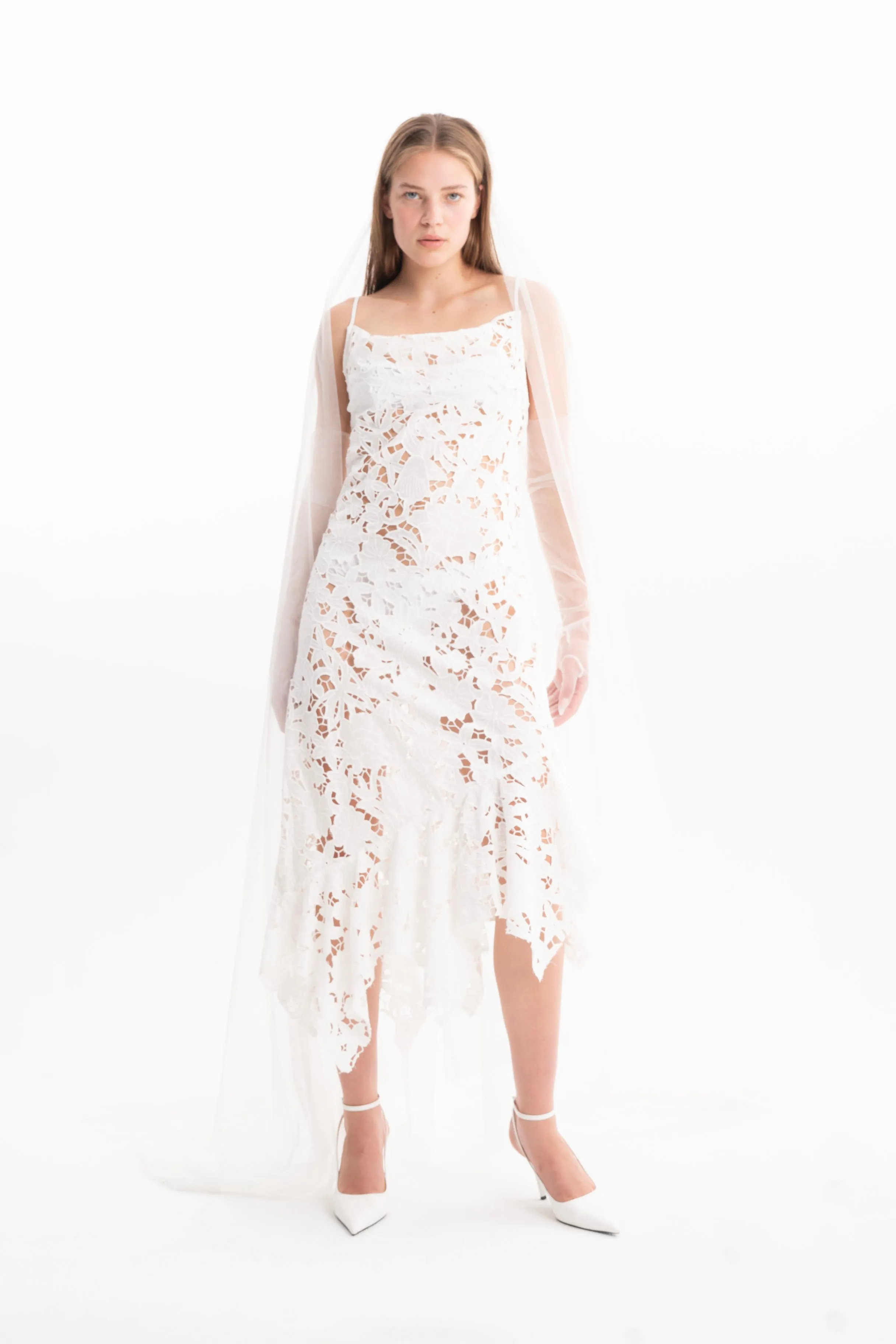 WHITE EMBROIDERED STRAP DRESS WITH PEPLUM