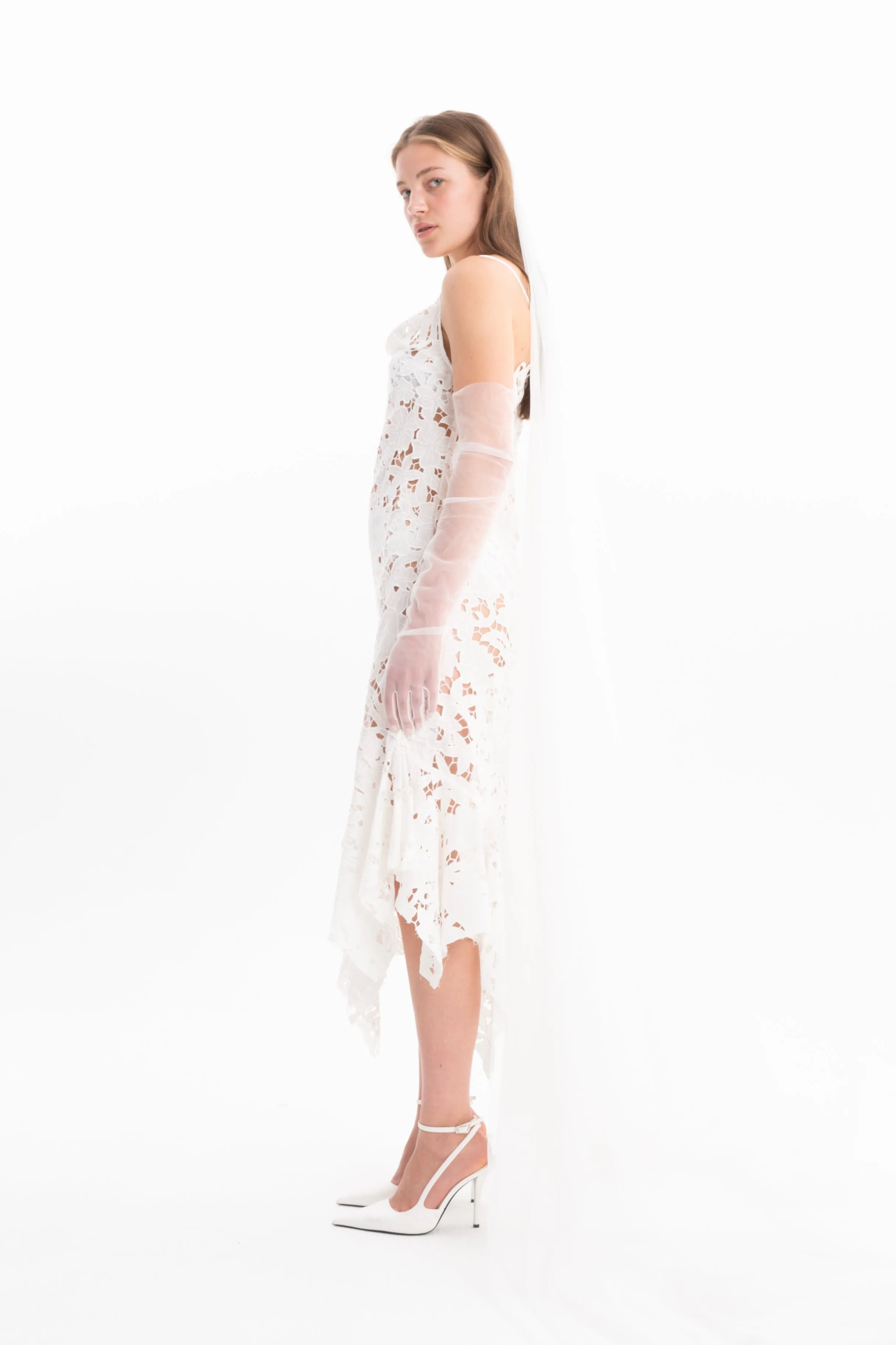 WHITE EMBROIDERED STRAP DRESS WITH PEPLUM