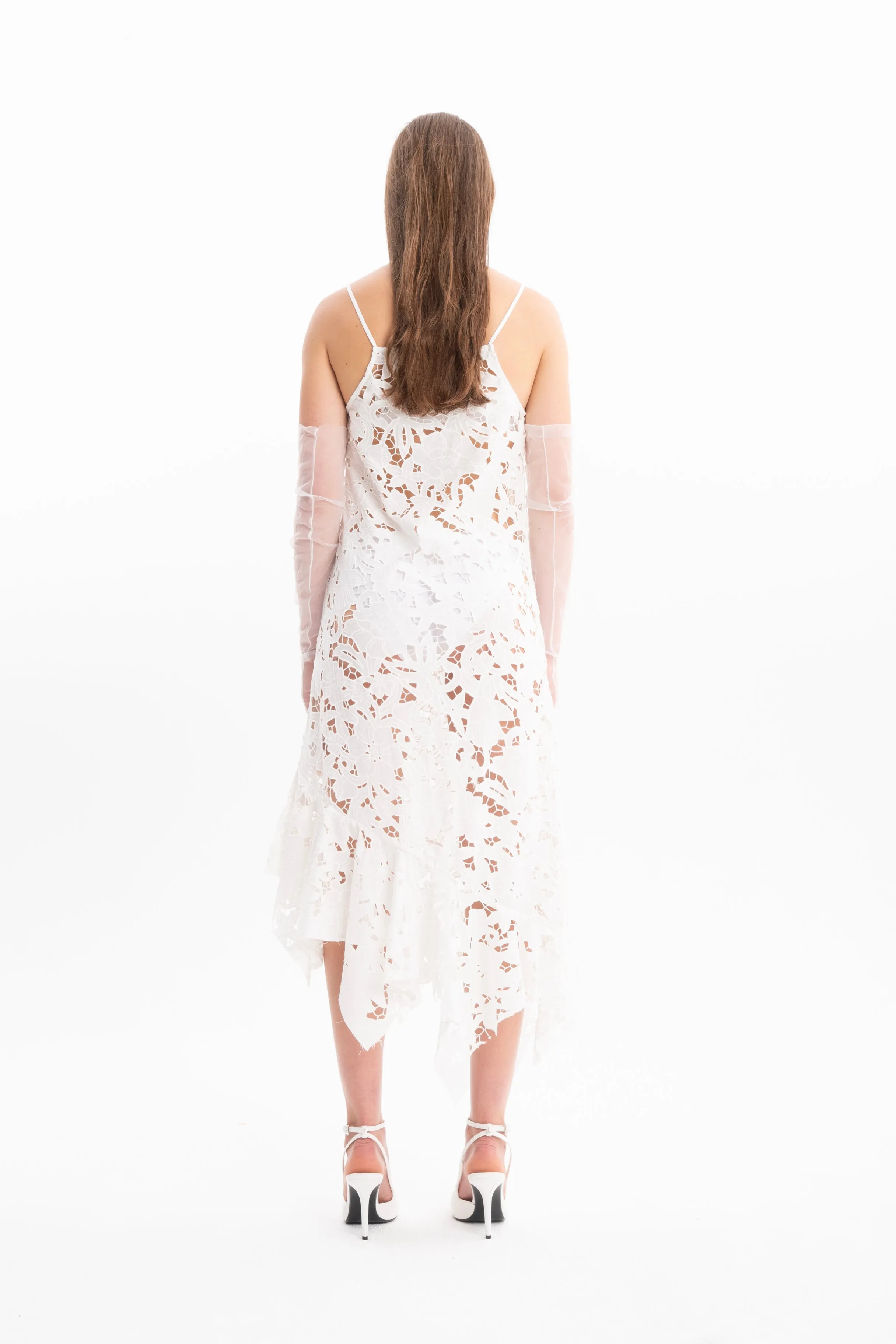 WHITE EMBROIDERED STRAP DRESS WITH PEPLUM