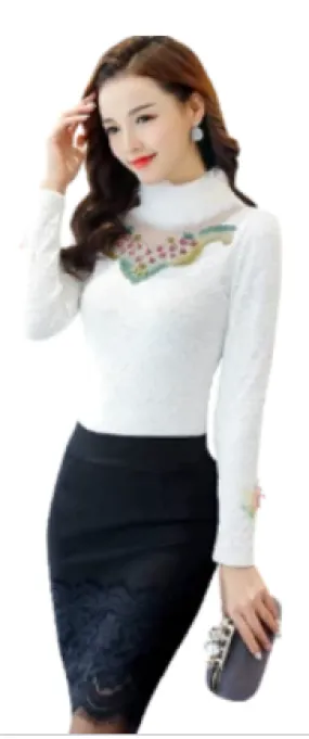 Women Front Embroidered Thick Velvet Lace Faux Fur Collar Blouse