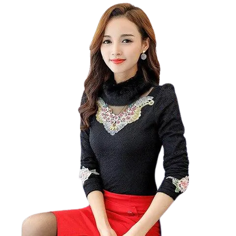 Women Front Embroidered Thick Velvet Lace Faux Fur Collar Blouse