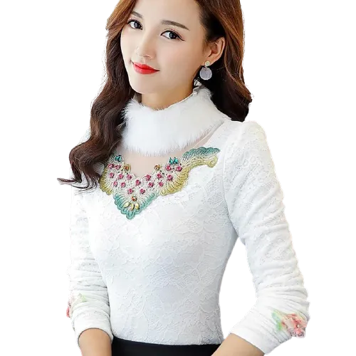 Women Front Embroidered Thick Velvet Lace Faux Fur Collar Blouse