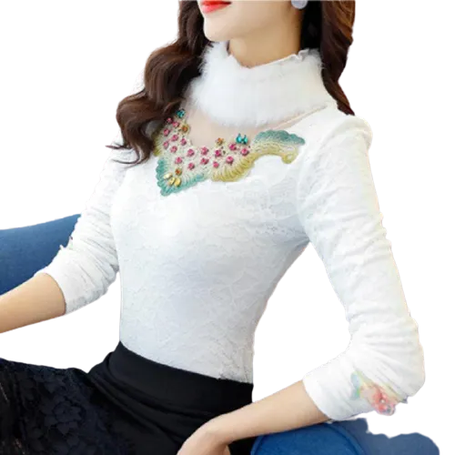 Women Front Embroidered Thick Velvet Lace Faux Fur Collar Blouse