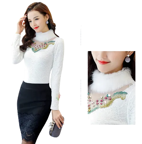 Women Front Embroidered Thick Velvet Lace Faux Fur Collar Blouse