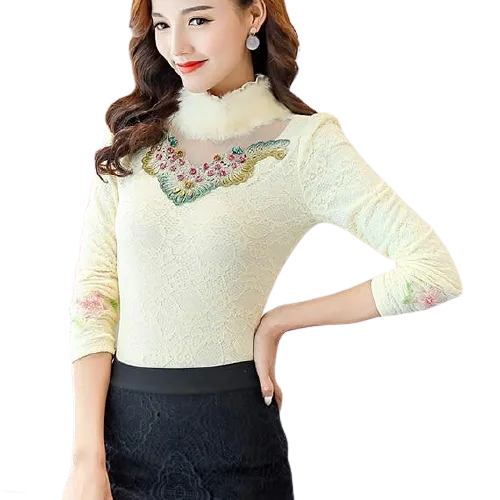 Women Front Embroidered Thick Velvet Lace Faux Fur Collar Blouse