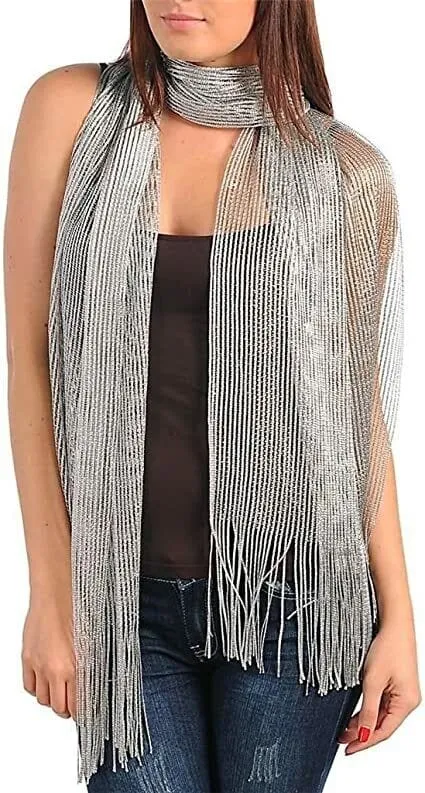 Women's Evening Wrap Wedding Shawl Glitter Metallic Prom Party Scarf with Fringe