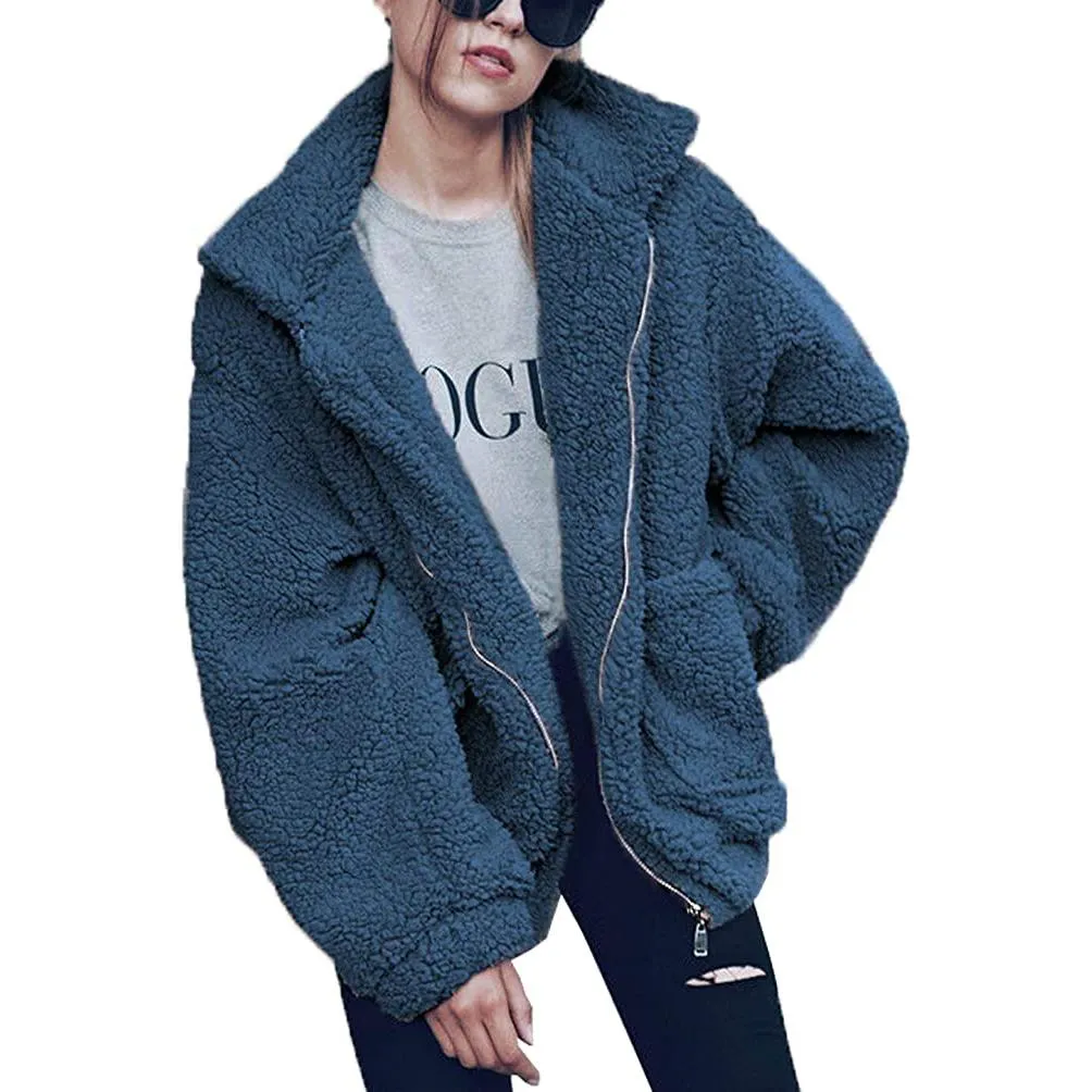 Women's Lapel Zip Up Faux Shearling Shaggy Coat Jacket