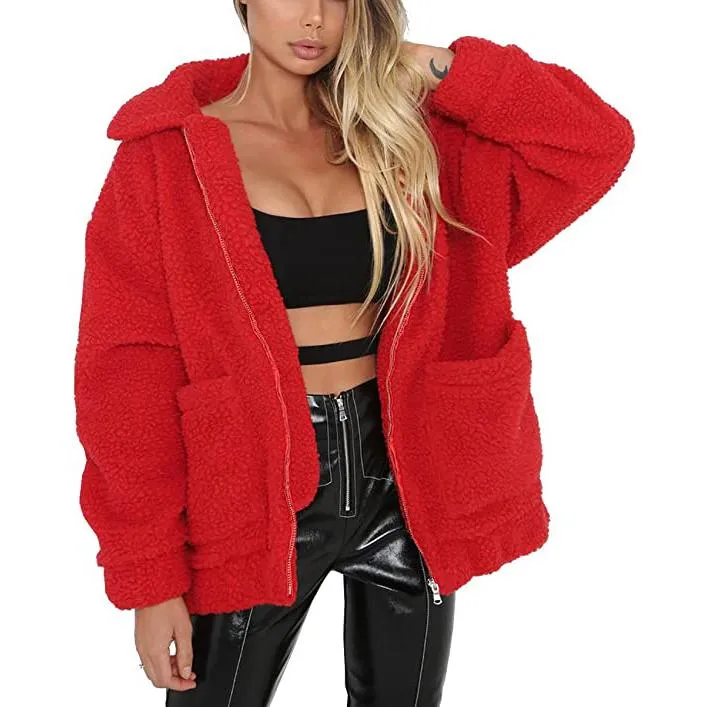 Women's Lapel Zip Up Faux Shearling Shaggy Coat Jacket