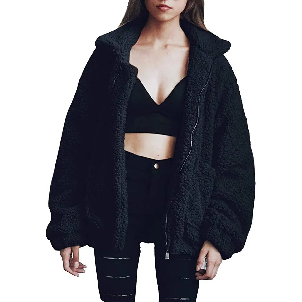 Women's Lapel Zip Up Faux Shearling Shaggy Coat Jacket