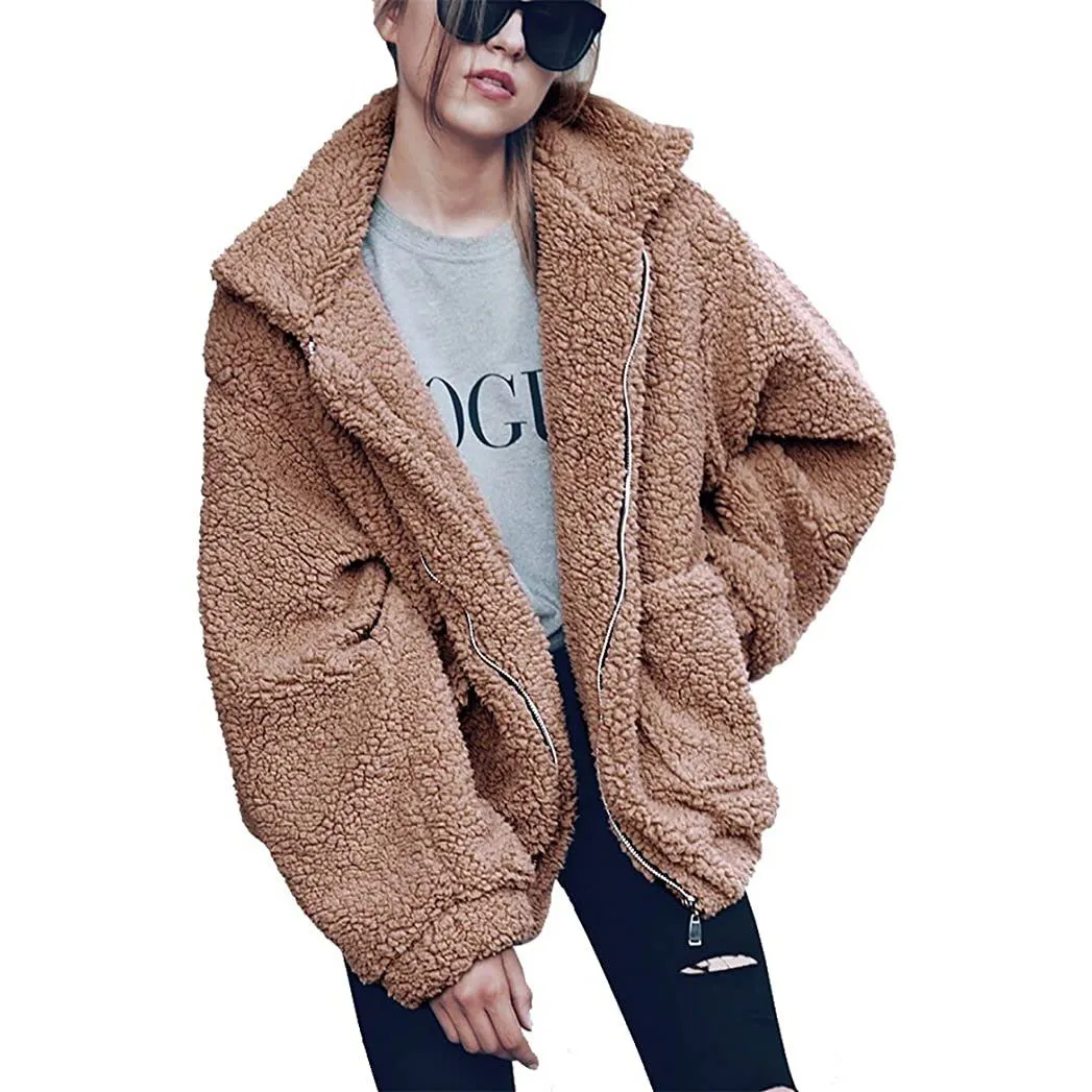 Women's Lapel Zip Up Faux Shearling Shaggy Coat Jacket