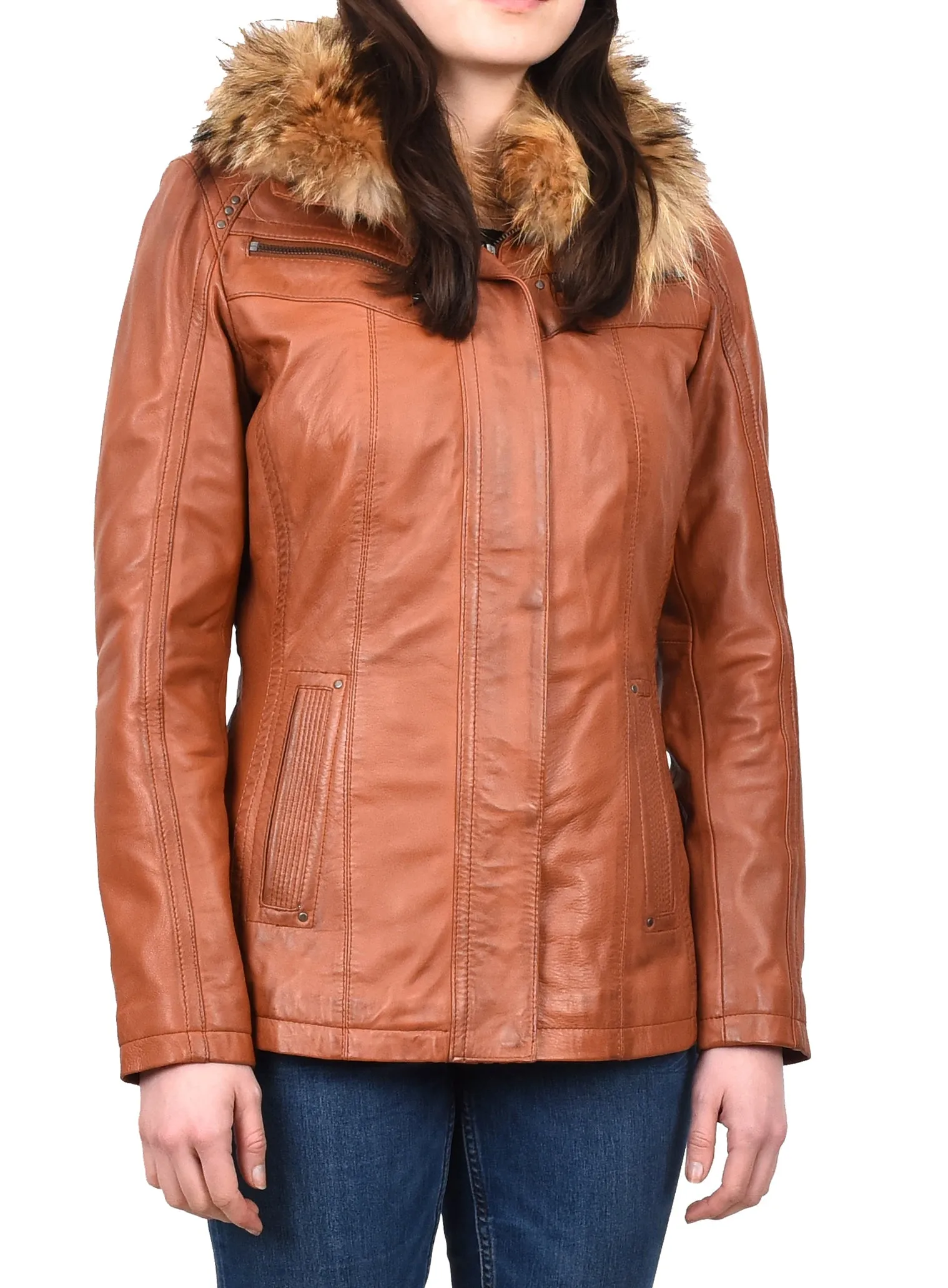 Women's Leather Jacket with Detachable Collar Cognac Allis