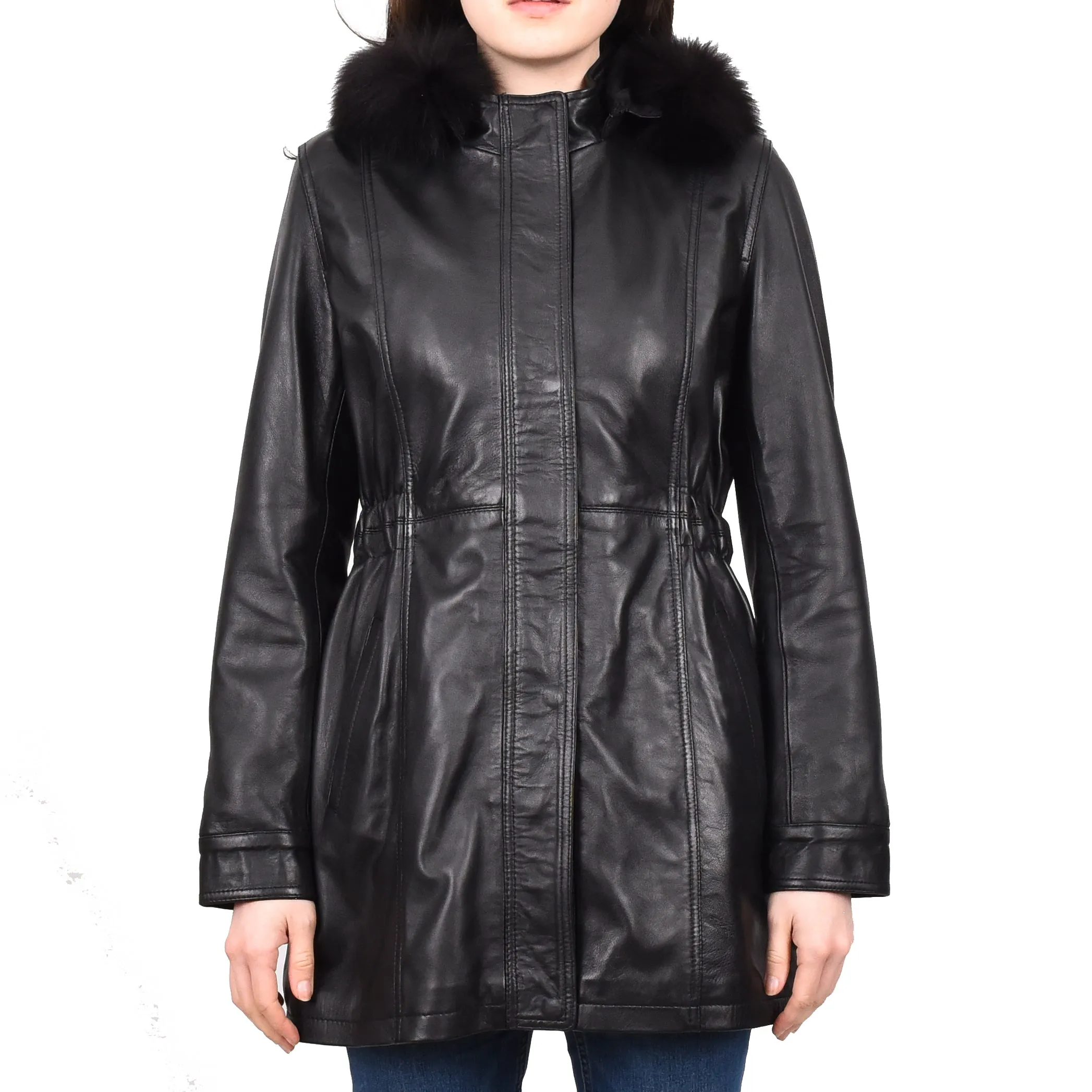 Women's Long Real Leather Coat Detachable Hood with Fur Black Aerify
