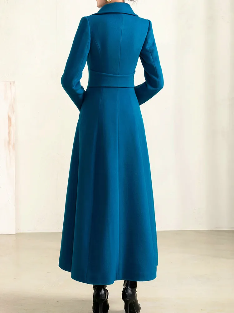 Women's Long Wool Elegant Fur Collar Peacock Blue Double Breasted Fine Wool Coat